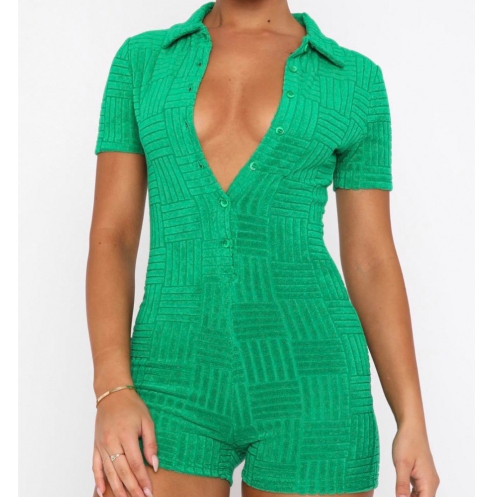 White Fox walk my way Terry Romper XS Green Basketweave Button Front playsuit